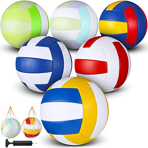 Woanger 6 Pcs Volleyballs Official Size 5 Waterproof Soft Recreational Volleyball with Pump and Net Bag Indoor Outdoor Beach Sports Gym Back to School - color: Blue Yellow Red White