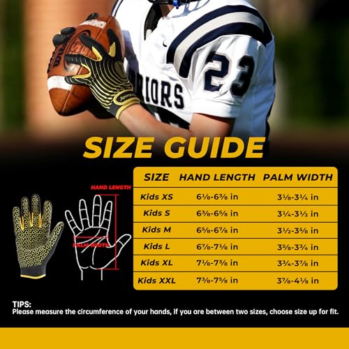 HANDLANDY Youth Football Gloves, Kids Sticky Receiver Gloves,Super Grip Football Glove Best Gift for Boys,Girls - color: Black and Gold, size: Small-Youth