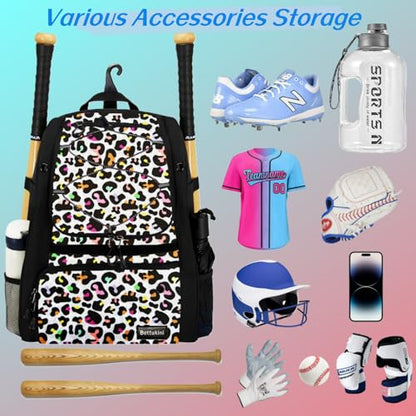 Youth Baseball Bag with Vented Shoe Compartment, Softball Bat Bag for Batting Mitten, Helmet, Teeball Gear - Adult Boys Girls Kids - color: Color Leopard