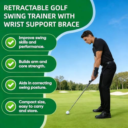 Retractable Golf Swing Trainer with Wrist Support Brace, Golf Grip Trainer & Swing Aid for Right Hand, Adjustable Golf Training Equipment for Strength & Tempo Training, Indoor Outdoor Practice