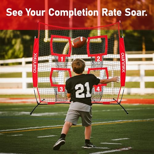 6x6 ft Football Trainer Throwing Net, Training Target Practice with 4 Targets, Includes Carry Bag and Ground Stake, Black and Red, Great for Kids and Youth - color: Red