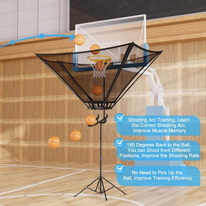 2026 Upgraded Basketball Rebounder, Adjustable Height Basketball Return Attachment with 180° Rotating Track, Basketball Shot Trainer Rebounder with Net Return System, Easy Assembly & Storage