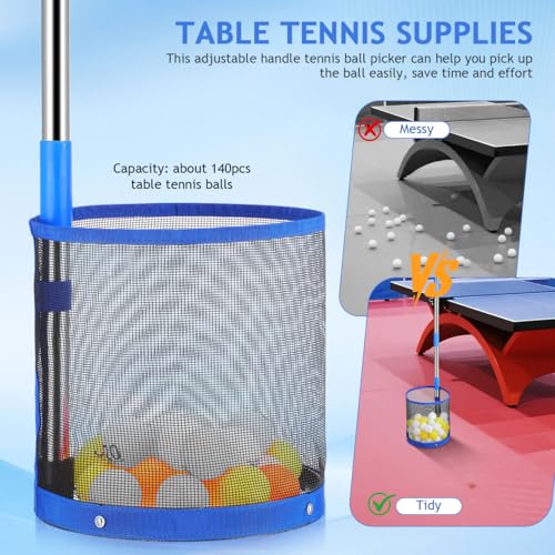 POPETPOP Ping Pong Ball Retriever: Adjustable Table Tennis Picker with Telescopic Handle, Large Capacity Net Basket Collector for Practice