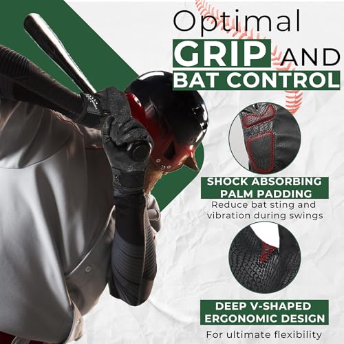 HANDLANDY Baseball Batting Gloves for Adult Youth, Grip Breathable Softball Batting Gloves Fit Men Kids Boys Girls - color: Raven Black-Adult, size: Adult Medium
