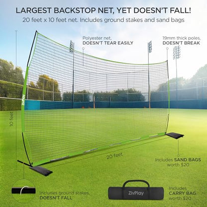 Lacrosse Backstop Net 20x10 ft Basketball Backstop Net for Backyard Sport Netting Barrier Ball Stop Net Includes Portable Carry Bag 2 Sand Bags 4 Ground Stakes