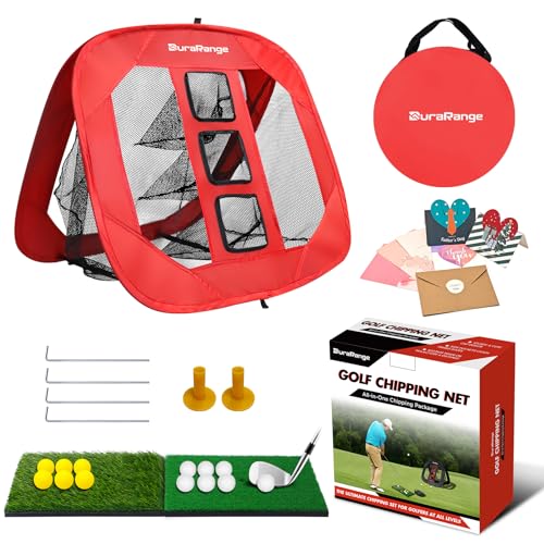 DURARANGE Pop-Up Golf Chipping Net - Ultimate Target Training Chip Aids for Precision & Distance, Outdoor | Indoor Practice, Golfer Gift - color: 1 Red Net+ 2 Mats+ 12 Balls Combo