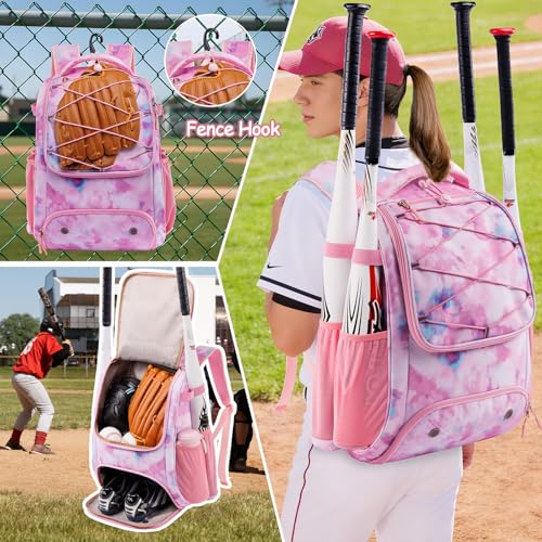 Youth Baseball Bag Backpack with Bat Holder for Boys Girls Baseball & Softball Bat Bag for T-Ball Equipment, Kids Baseball Backpack with Shoe Compartment & Glove Storage - color: Pink