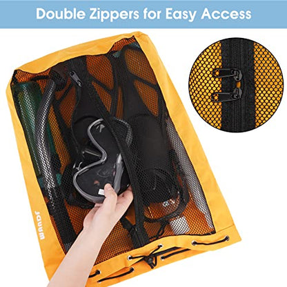 WANDF Swim Bag Mesh Drawstring Backpack Beach Backpack for Swimming, Gym, and Workout Gear - color: Orange With Wet Pocket