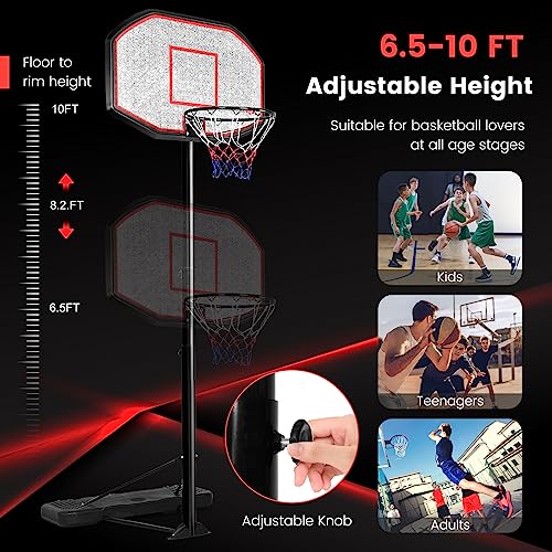 GYMAX Basketball Hoop, Outdoor 6.5FT-10FT Adjustable Basketball Goal with 43’’ Shatterproof Backboard & 18’’ Basket, All Weather Basketball Stand with Wheels, for Kids Youth Adult, Gym Driveway Court