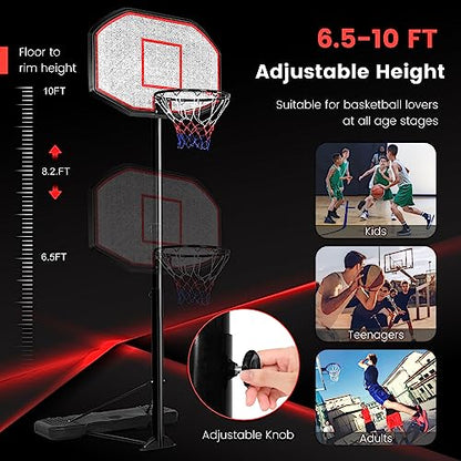 GYMAX Basketball Hoop, Outdoor 6.5FT-10FT Adjustable Basketball Goal with 43’’ Shatterproof Backboard & 18’’ Basket, All Weather Basketball Stand with Wheels, for Kids Youth Adult, Gym Driveway Court