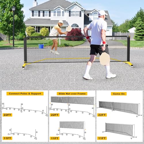 Portable Pickleball Net with Wheels, Regulation Size 22 FT & Half Court 11 FT, Steady Metal Frame for Backyards, Driveways, and Garages (Black&Yellow)