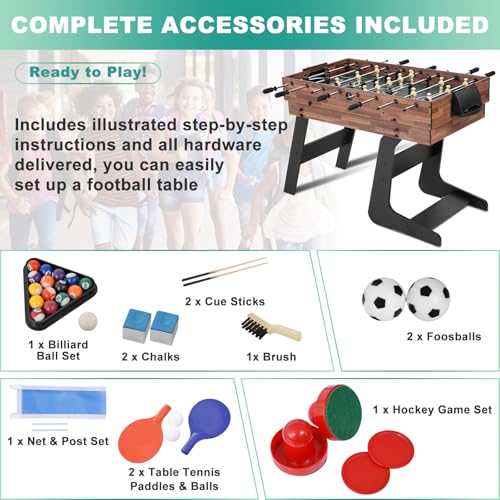 RAYKEEP Foldable Multi Game Table, 4-in-1 Combo Game Table Set with Ping Pong, Hockey, Pool Billiards and Foosball for Adults, Home, Game Room, Friends & Family - color: Dark Wood Grain