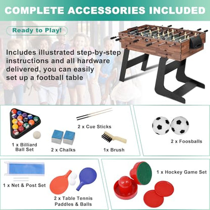 RAYKEEP Foldable Multi Game Table, 4-in-1 Combo Game Table Set with Ping Pong, Hockey, Pool Billiards and Foosball for Adults, Home, Game Room, Friends & Family - color: Dark Wood Grain