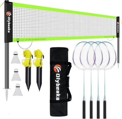 Outdoor Baminton Net Set for Backyard, Beach, Family Games with 20 * 3ft Anti-sag Net, 4 Aluminum Badminton Rackets, 3 Shuttlecocks, Carring Bag - Easy Set Up & Portable - color: Black