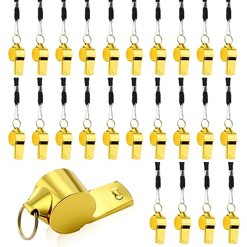 Jenaai Gold Whistle Bulk with Lanyard, Stainless Steel Metal Sport Loud Coach Whistle for Teachers Police Football Basketball Soccer Hockey