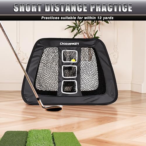 CHAMPKEY Double Sided Golf Chipping Net Come with Tri-Turf Hitting Mat and 12 Foam Golf Balls - 5 Ply-Knotless Netting Golf Targets System Ideal for Short and Long Distance Training (Standard Version)