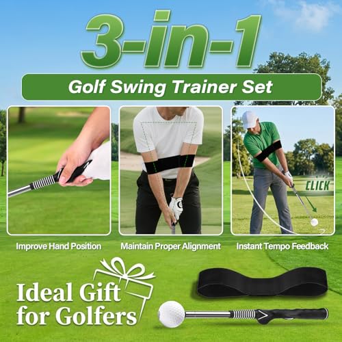 Retractable Golf Swing Trainer with Click Sound & Posture Correction Arm Band, Golf Grip Trainer for Right-Handed, Indoor & Outdoor Training Aid for Beginners to Pros