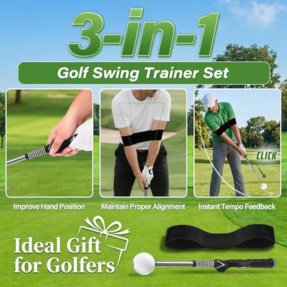 Retractable Golf Swing Trainer with Click Sound & Posture Correction Arm Band, Golf Grip Trainer for Right-Handed, Indoor & Outdoor Training Aid for Beginners to Pros