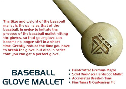 Baseball Glove Mallet Single One-Piece (No Joint), Maple Hardwood Mallets Made for Ball Gloves to Shaping, Softening, and With Free Gloves Wrap Create The Perfect Pocket Best Kitt for Mitts