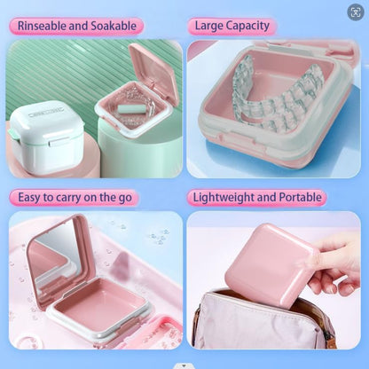 Retainer Case,Cute Mouthguard Case with Mirror,Slim Night Mouth Guard Case with Lid Hinge,Aligner Case,Inner Size 2.56, 2.36, 0.79inch - color: Pink