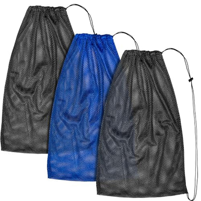 3 Pack Mesh Dive Bags Oversized 19" x 27" Drawstring Snorkel Gear Bag for Scuba Diving, Swim Equipment, Beach Toys, Pool Gear, Gym Sports, Laundry & Scallop Collecting, Black Blue