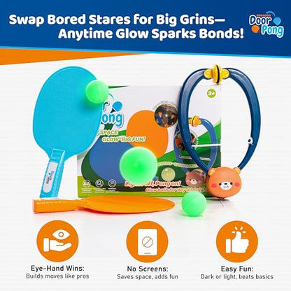Zippadoo Door Pong: Glow-in-The-Dark Ping Pong Game for Kids - Door Frame Ping Pong Trainer Set with 6 Rechargeable Balls, Indoor & Outdoor Hanging Table Tennis for Ages 3+, Doorway Games Fun