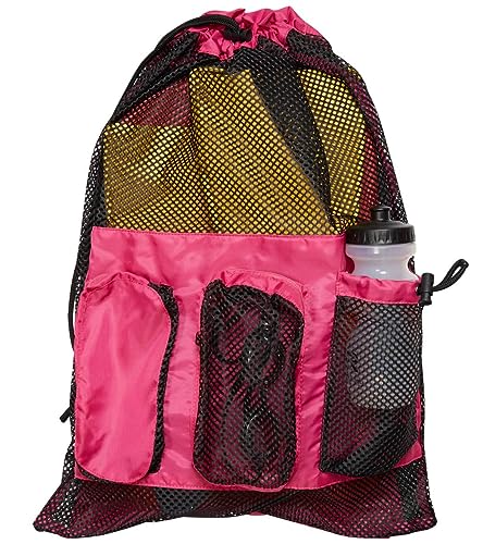 Sporti Swimming Equipment Bag Zipper Pocket, Mesh Drawstring Backpack, Drawstring Bags, Big Mesh Backpack for Workout Gear - color: Equipment - Pink, style: 4. Two Shoulders & Pockets