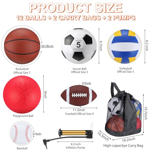 Deekin 12 Pcs Assorted Sport Ball Set for Youth Adult Official Size Basketball Football Volleyball Soccer Baseball Playground Ball with Bag and Pump Gifts