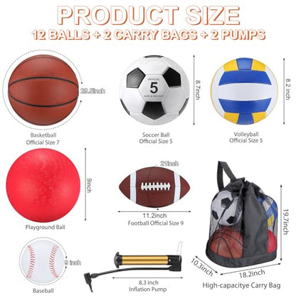 Deekin 12 Pcs Assorted Sport Ball Set for Youth Adult Official Size Basketball Football Volleyball Soccer Baseball Playground Ball with Bag and Pump Gifts