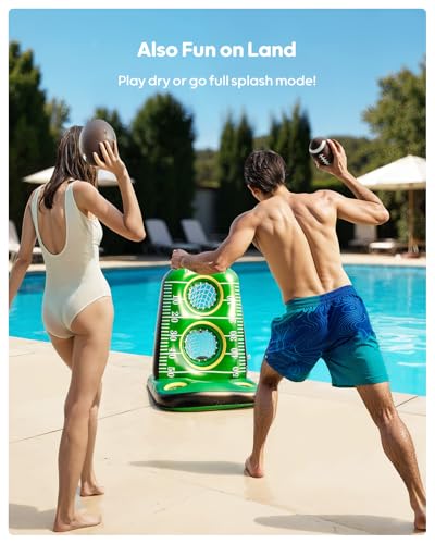 QPAU Inflatable Football Toss Game for Pool – Water Football Target with 4 Balls & 2 Pumps, Dual Net Design, Stable Base, Summer Pool Game for Kids & Adults
