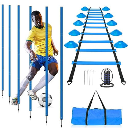 Agility Training Poles Equipment Soccer Training Equipment Includes 6 Agility Poles,Agility Ladder, 10 Soccer Cones,Jump Rope for Speed Training, Soccer Training, Basketball Athletes & Kids - color: Blue