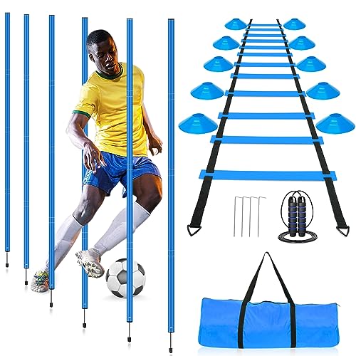 Agility Training Poles Equipment Soccer Training Equipment Includes 6 Agility Poles,Agility Ladder, 10 Soccer Cones,Jump Rope for Speed Training, Soccer Training, Basketball Athletes & Kids - color: Blue