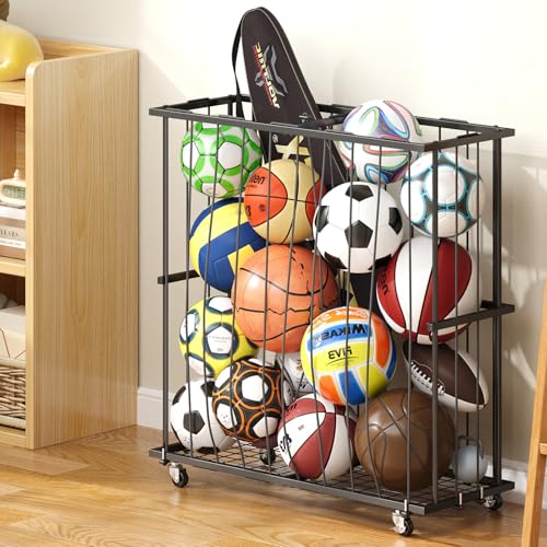 Hencawima Large Garage Ball Storage, Rolling Floor Sports Equipment Organizer: Freestanding Ball Rack with Elastic Rope–, Ball Holder for Basketball, Soccer, Football, Volleyball, Garage, Gym, Black - size: Large, style: With Wheels,Rectangle