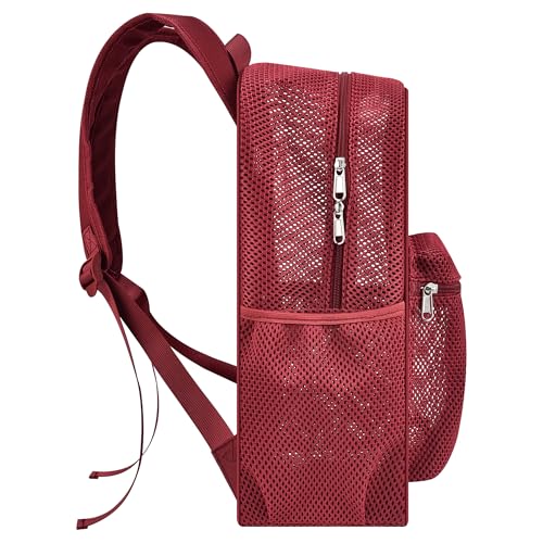 Oraben Heavy Duty Mesh Backpack with Rain Cover – Ventilated Swim & Gym Bag with 15.6” Laptop Sleeve, Large See Through Beach/School Backpack (Rose Red) - color: Rose Red