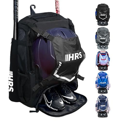 Hit Run Steal Large Baseball/Softball Bat Bag Backpack, Black - 4-Bat Capacity, Helmet and Glove Space, Vented Shoe Pocket, Padded Straps, Bottle Holder, Fence Hook