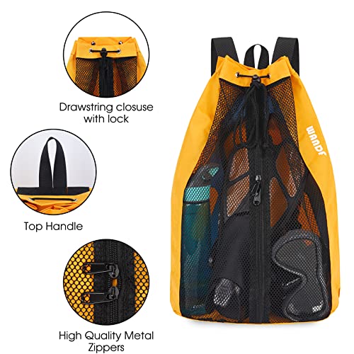 WANDF Swim Bag Mesh Drawstring Backpack Beach Backpack for Swimming, Gym, and Workout Gear - color: Orange With Wet Pocket