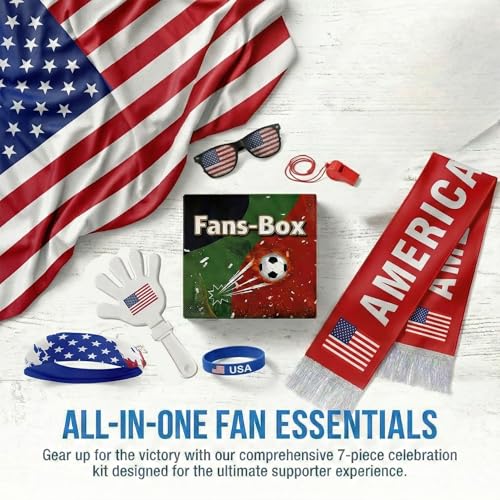 Soccer Fan Gear Set 2026-7 Piece Game Day Kit with Flag, Scarf, Glasses, Whistle, Clapper, Wristband & Headband in Gift Box - Watch Party & Stadium Essentials for USA - color: USA