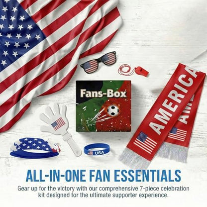 Soccer Fan Gear Set 2026-7 Piece Game Day Kit with Flag, Scarf, Glasses, Whistle, Clapper, Wristband & Headband in Gift Box - Watch Party & Stadium Essentials for USA - color: USA