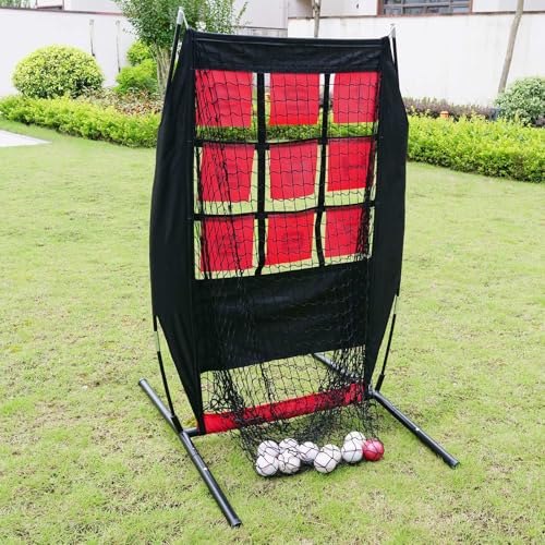 Ultimate Portable Pitching Target Net for Baseball, Softball & Football | Pro-Tested Practice System with Numbered Strike Zone | Includes Carry Bag & Enables Quick Assembly - color: Black/Red