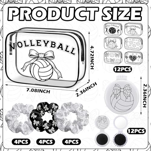 36 Pcs Volleyball Gifts for Girl 12 Black White Volleyball Makeup Bag Bulk Bow Cosmetic Bag Sport Team Gifts with 12 Sport Hair Scrunchies 12 Round Portable Folding Brush Mirror for Team