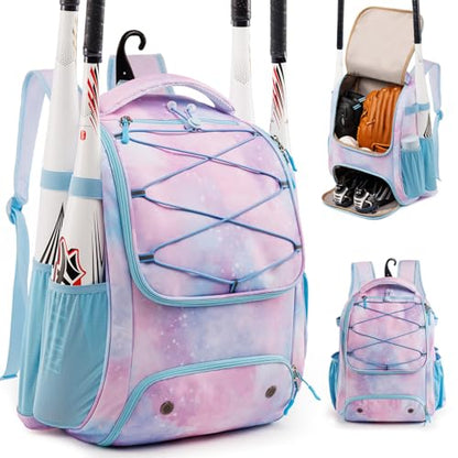 Youth Baseball Bag Backpack with Bat Holder for Boys Girls Baseball & Softball Bat Bag for T-Ball Equipment, Kids Baseball Backpack with Shoe Compartment & Glove Storage - color: Pastel Galaxy
