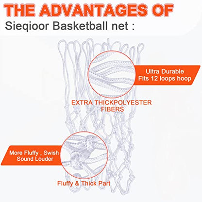 Professional Basketball Net Replacement Heavy Duty, Durable Basketball Nets in All Weather Anti Whip, Fits Standard Indoor Outdoor Rims 12 Loops (White)