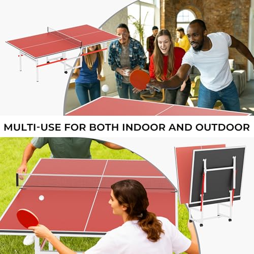 Portable Ping Pong Table, Mid-Size Foldable Table Tennis Table w/Net, 2 Paddles, 3 Balls, Table Tennis Table for Indoor Outdoor, Ping Pong Tablefor Kids Family Holiday Sports