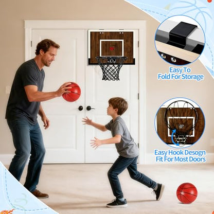 Indoor Mini Basketball Hoop Set – Over The Door with Wood Backboard & Iron Rim – Includes 2 Balls & Air Pump – Anti-Shock Padding – 16"x12"x3"