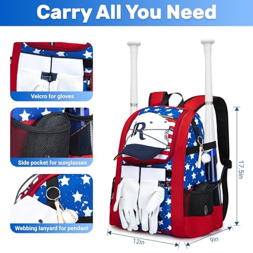 KAVIGOR Youth Baseball Bag, Softball Bag for Girls & Boys, Kids Tball Backpack with Shoes Compartment - color: Red White & Blue
