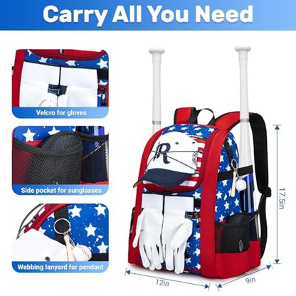 KAVIGOR Youth Baseball Bag, Softball Bag for Girls & Boys, Kids Tball Backpack with Shoes Compartment - color: Red White & Blue