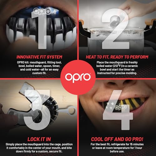 OPRO Instant Custom-Fit Mouthguard – Dentist Level Gum Shield Adult and Kids – OPRO Mouth Guard Boxing and MMA, Self-Fit Gum Shield Rugby – Maximum Protection with Dental Warranty (Black/Gold/Gold) - color: Usa, size: Adult (10+)