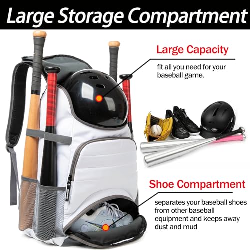 Baseball Bag - Lightweight Softball & T-Ball Backpack with Shoe Compartment for Equipment & Gear - color: WHITE