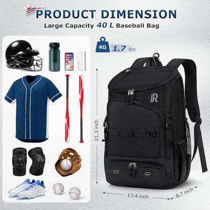 RAINSMORE Baseball Bag for Youth & Adult 40L Large Softball Bag Lightweight Baseball Backpack with Helmet Holder, Shoe Compartment, Fence Hook Waterproof Bat Bag for Baseball Softball Tball Equipment - color: Black
