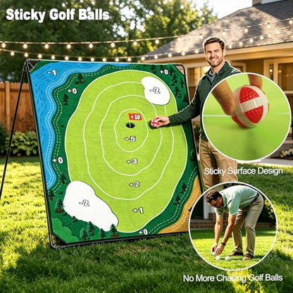 HOTWIND Golf Chipping Game Mat 71" x 71" 2-Sided Hook & Loop Sticky Golf Practice Pad with Stand Portable Indoor Outdoor Backyard Camping Golf Game Accessories for Family Adults Not Included